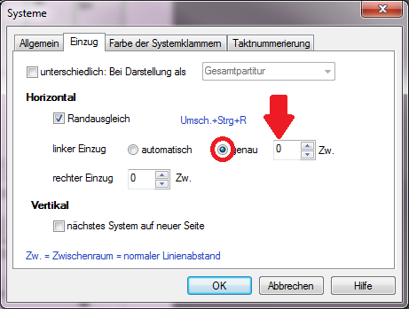 Menü Format Systeme linker Einzug genau =0